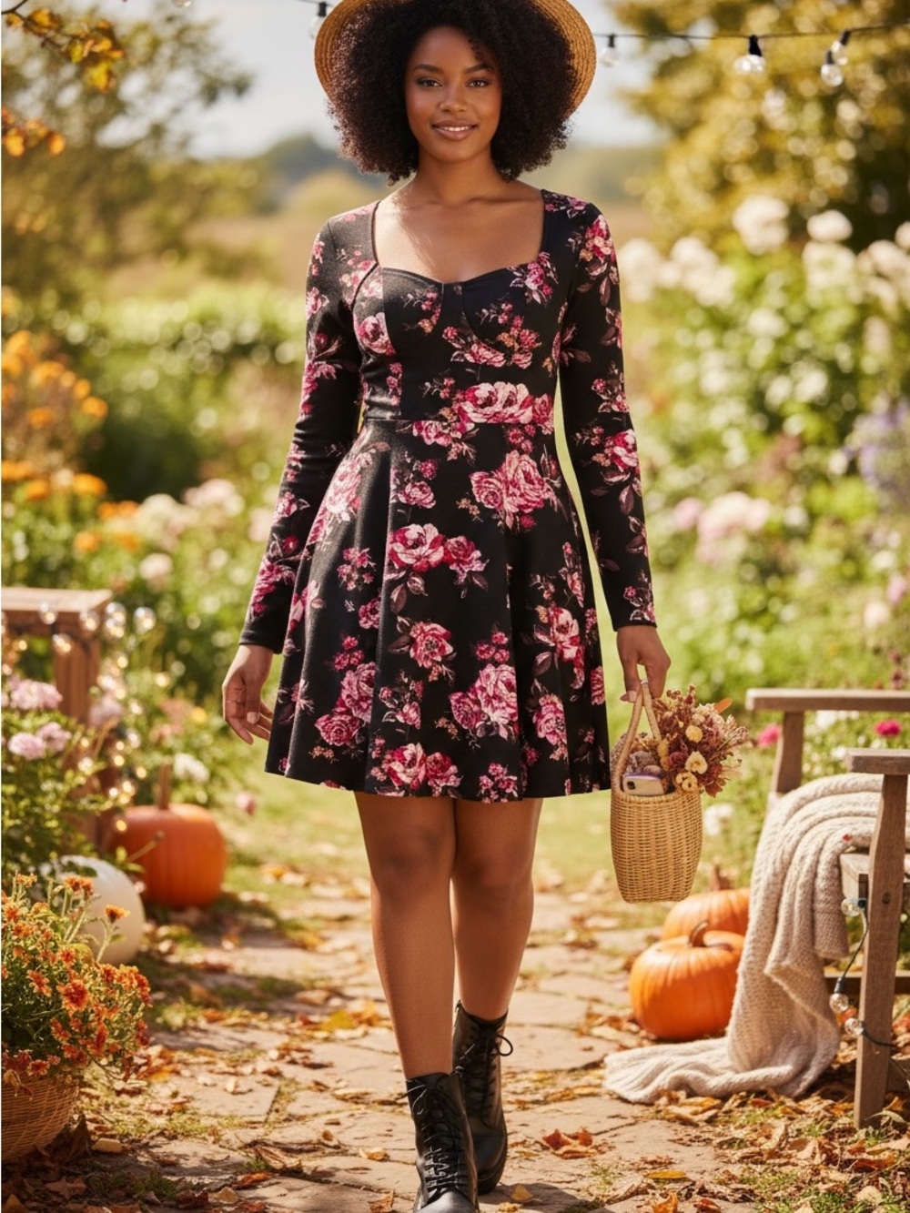 Madden NYC Juniors XXXL Floral Sweetheart Long Sleeve Skater Dress